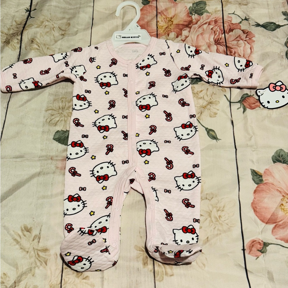 Hello Kitty Baby Girl Pink Jumpsuit Christmas Themed Candy Cane Pattern 3 Months